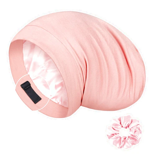 LULUSILK Mulberry Silk Bonnet for Sleeping Women, Real Silk Sleep Cap for Curly Hair and Braids, Pure Silk Head Wrap with Scrunchies, Pink