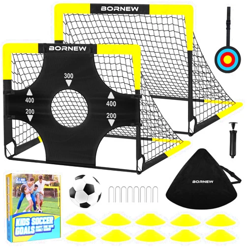 BORNEW Kid Soccer Goal and Soccer Ball Targets Set - 6x4 / 4X3 ft Backyard & Indoor Soccer Goal, Portable Pop Up Soccer Net with Soccer Targets, Cones, Soccer Training Equipment for Ages 3-16 Year Gift