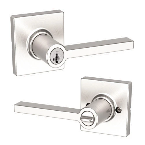 Kwikset Casey Entry Door Handle with Lock and Key, Secure Keyed Reversible Lever Exterior, For Front Entrance and Bedrooms, Satin Nickel , Pick Resistant Smartkey Rekey Security and Microban
