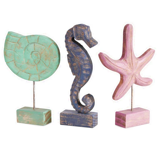 Exttlliy 3pcs Wood Handmade Beach Nautical Style Figurines Starfish/Conch/Seahorse Statue Home Decor (Multicolor)