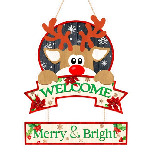 KAIRNE Christmas Welcome Wooden Hanging, Christmas Reindeer Decoration,Winter Snow Sign,Xmas Wall Art,Merry&Bright Christmas Ornaments Decor(13.7x11.4inch) Christmas gift Happy Holiday Decor for Door