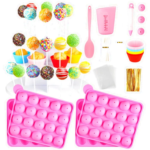 Kucoele Cake Pop Maker Kit with 2 Silicone Cake Pop Molds, 3-Tier Stand Holder, Melting Pot, Cupcake Molds, Lollipop Sticks, Spatula, Decorating Pen, Goodie Bags and Twist Ties