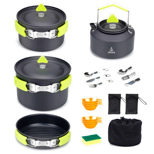 Alocs Camping Cookware, Non-Stick Large Camping Cooking Set with Kettle, Camp Kitchen Camper Must Haves for Outdoor Camping Hiking Picnic