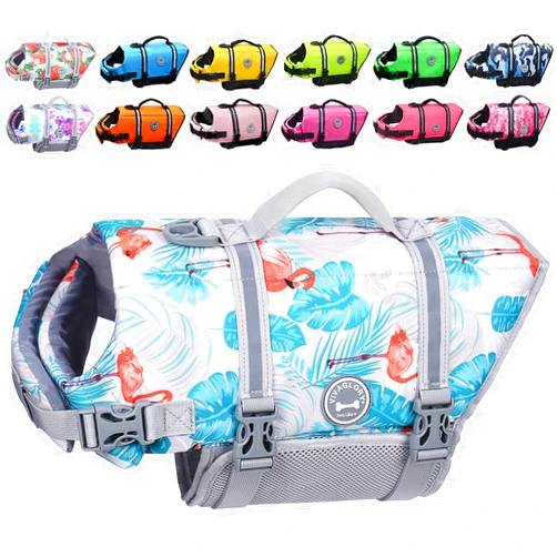 VIVAGLORY Ripstop Dog Life Jacket for Small Medium Large Dogs Boating, Dog Swimming Vest with Enhanced Buoyancy & Visibility, Leaves Blue