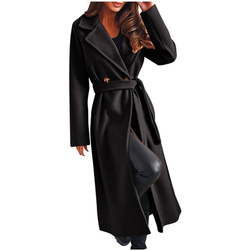 Borniu Women's Warm Wool Blend Pea Coat Notch Lapel Double Breasted Trench Coat Open Front Cardigan Jacket with Belt