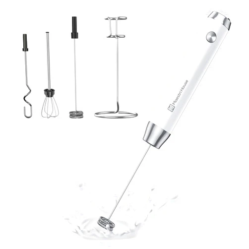 Maestri House Rechargeable Milk Frother with 3 Heads, Handheld Electric Foam Maker Waterproof Detachable Stainless Steel Whisk Drink Mixer Foamer with Stand for Lattes, Cappuccino, Egg (White)