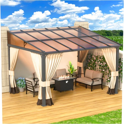RTDTD 10' x 12' Gazebo，Hard Top Lean to Gazebo Wall Mount Heavy Hardtop Gazebo Outdoor Pergola with Curtains and Netting for Patio Garden Lawn Backyard Deck (Brown)