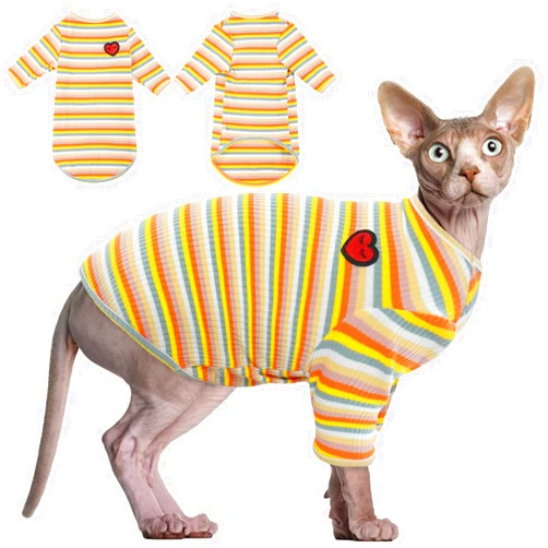 DENTRUN Hairless Cats Shirt Breathable Cat Daily Wear Clothes Stripe Vest Adorable Pajamas Jumpsuit Soft & Skin-Friendly