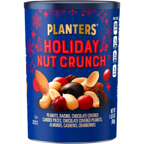 PLANTERS Holiday Nut Crunch Mix with Peanuts, Raisins, Chocolate Covered Peanuts, Almonds, Cashews, Cranberries, Holiday Snack, Party Nut Mix, 21oz Canister