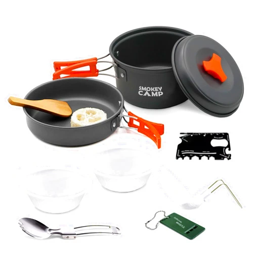 Smokey Camp Camping Cookware Mess Kit Set with Stove - Backpacking Compact Camping Cookware, All in One Non-Stick Camping Cooking Set, Portable Stove, Hiking, Picnic, Outdoor & Camping Cookware Set