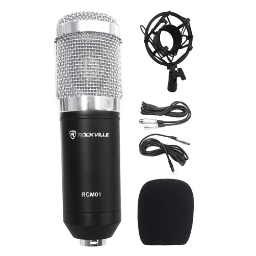 Rockville RCM01 Pro Studio Condenser Microphone, 200 Ohm, Cardioid Pattern, Metal Shock Mount, 30Hz-20kHz Frequency, XLR and 3.5mm Cables, for Vocals and Podcasting