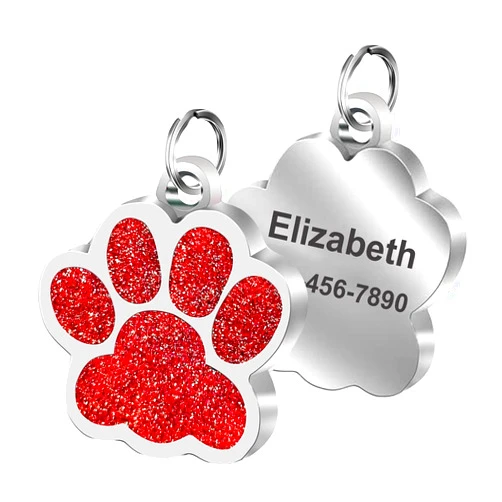 MisUMis Custom Pet ID Tag Glitter Paw Personalized Laser Engraving Name on Stainless Steel Tags for Dog & Cat (Red)