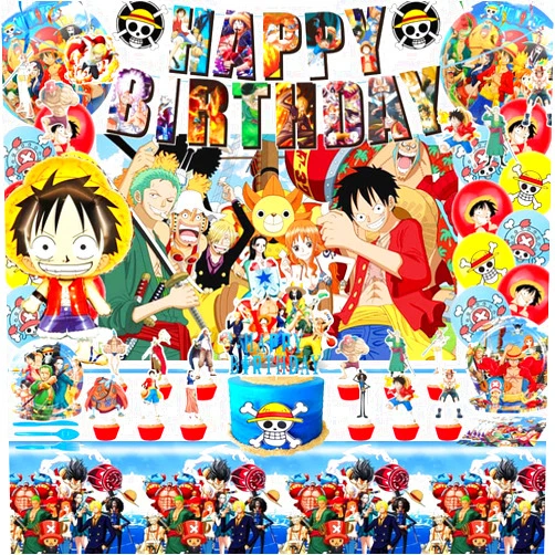 Generic Anime Birthday Decorations, Anime Party Supplies Including Backdrop, Birthday Banner, Tablecloth, Hanging Swirls, Balloons, Cake Toppers, Plates, Napkins, Forks for Boy Party