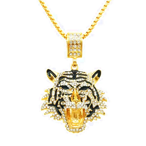 MIVEIVIA Iced Out Pendant Tiger Necklace Hip Hop Animal Iced Out Chain Rap Punk Rock Club Disco CZ Diamond Bling Pennywise Costume boys jewelry Cuban Link chain for men