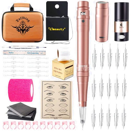 Ybeauty Permanent Eyebrow Makeup Tattoo Machine Kit With 15 pcs Cartridge Needles Microblading Supply for Eyebrow Lip Eyeliner Ombre Powder Brows Microshading Supplies(Pink Tattoo Kit)