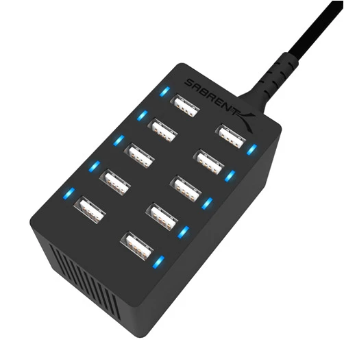 Sabrent 60 Watt (12 Amp) 10-Port [UL Certified] Family-Sized Desktop USB Rapid Charger. Smart USB Ports with Auto Detect Technology [Black] (AX-TPCS)
