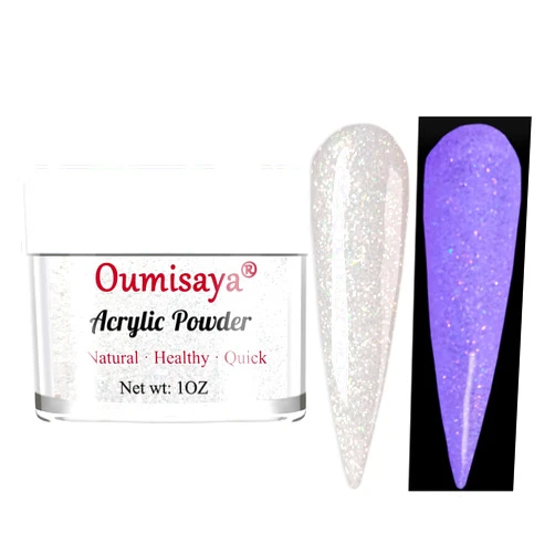 Oumisaya Glow in the dark White Glitter Nail Acrylic Powder Colors 1OZ (AP069)