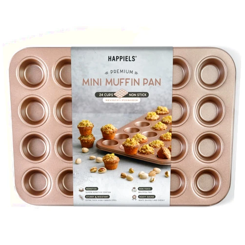 HAPPIELS Non Toxic Nonstick 24 Cup Mini Muffin Pan | PFOA BPA free Nontoxic Mini Cupcake Tin | Best Non Stick Muffin Pans | Carbon Steel Small Muffin tins | Cupcakes Bakeware Mold