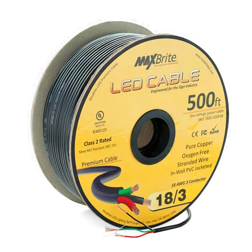 MaxBrite 500 ft. 18AWG Low Voltage LED Cable 3 Conductor Black Sleeve in-Wall Speaker Wire UL/cUL Class 2 Certified