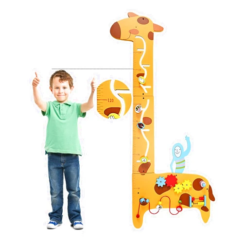 WSSEY Activity Wall Panel Busy Board 7 in 1 Multifunctional Giraffe Wooden Height Ruler, Children’s Early Education Hand-Eye Eombination Sensory Exercises Abacus Elide Gear Game for Children Over 36 Months