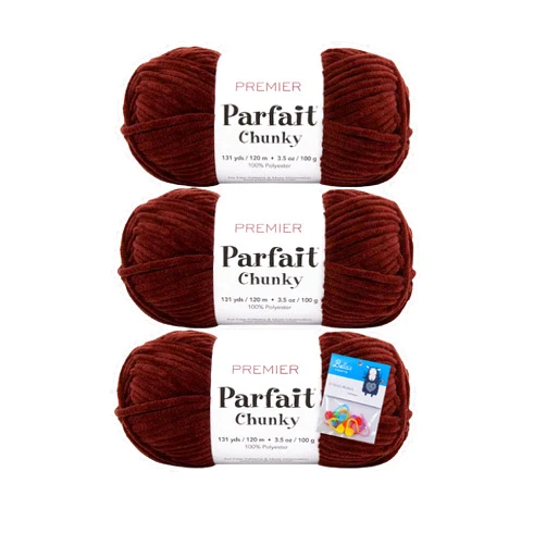Bella's Crafts Premier Yarns Parfait Chunky Chenille Yarn 3.5 Oz Super Bulky Weight 3 Pack Bundle with Bella's Crafts Stitch Markers (Chocolate)