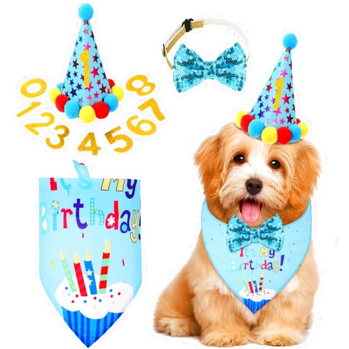 Weewooday Dog Birthday Party Supplies Birthday Boy Girl Cake Bandana Triangle Scarf Clothes Shirt Cute Dog Hat Dog Bow Tie Collar with 0-8 Numbers for Dog Puppy 1st Birthday (Cute Style, Medium)