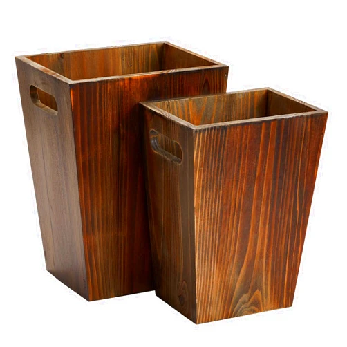 Farmlyn Creek 2 Piece Rustic Style Wood Trash Can Set - Farmhouse Square Wastebasket Bins with Handles for Home or Office (Brown, Small & Large) - Rustic Bathroom Trash Can Set