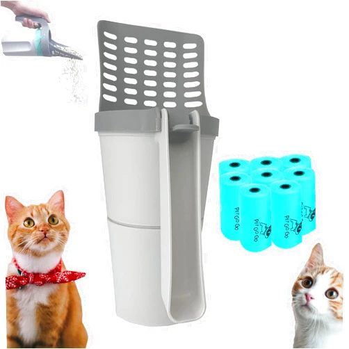 PABTID Cat Litter Scooper with Holder: 2 in 1 Portable Kitty Integrated Detachable Deep Cat Litter Shovel with Waste Container Poop Sifting Cat Litter Disposal Syst with 120 Count Refill Bags (Grey)