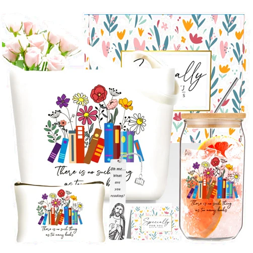 DDOFAH Book Lovers Gifts for Women Canvas Tote Bag for Readers Teacher Appreciation Gifts Set with 16 oz Glass Cup, Bookmark, Christmas Gifts for Mom Grandma Sister Friend
