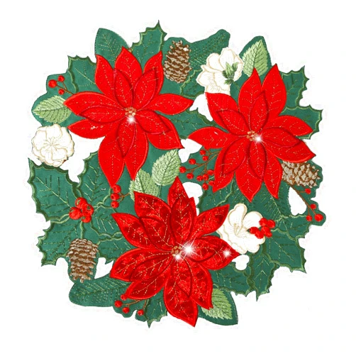 YINFUNG Christmas Placemat Round Set of 4 Red Poinsettia Flower Embroidered Velvet Floral Xmas Decoration Festive Holiday Pine Cones Green Cutwork Dining Table 15IN