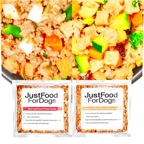 JustFoodForDogs Frozen Fresh Dog Food, Complete Meal or Dog Food Topper, Beef & Russet Potato/Turkey & Whole Wheat Macaroni Human Grade Dog Food Recipe, 5.5 oz (Pack of 36)