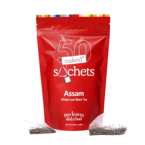Two Leaves and a Bud Assam Black Tea, Whole Leaf Caffeinated Black Tea in Eco-Friendly Unwrapped and Compostable Sachets, Add Milk and Sugar, Resealable Bag, 50 Sachets (Pack of 1)