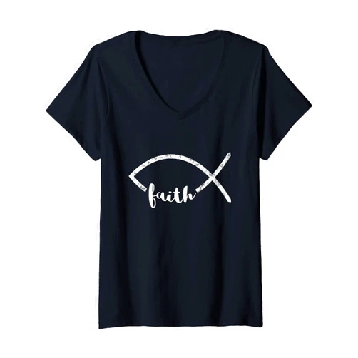 Christianity Jesus Christ Ichthy Fish Church Womens Jesus Fish Ichthy Emblem Christian Faith Symbol Ichthus V-Neck T-Shirt