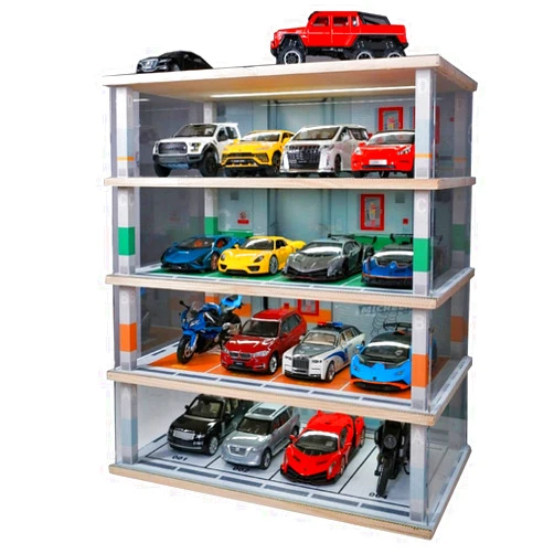 CCYMLOA Diecast Car Model Display Case 4 Tiers 1:24 Scale,with LED Light and Acrylic Dust Cover Toys Car Model Display Stand ,Parking Lot Scene Hot Diecast Wheels Collectible Car Model Storage Cabinet