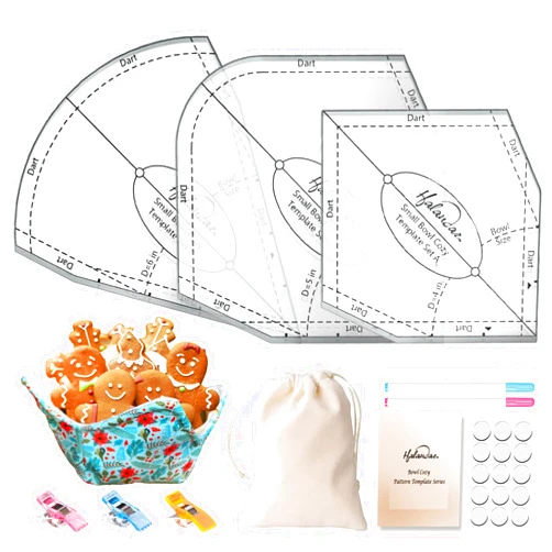 Halandar Bowl Cozy Template Cutting Ruler Set 3Pcs 8/10/12” Acrylic Bowl Wrap Sewing Quilting Ruler Template with Instruction 3 Water Soluble Pen 3 Clips for Food Bowl Rack