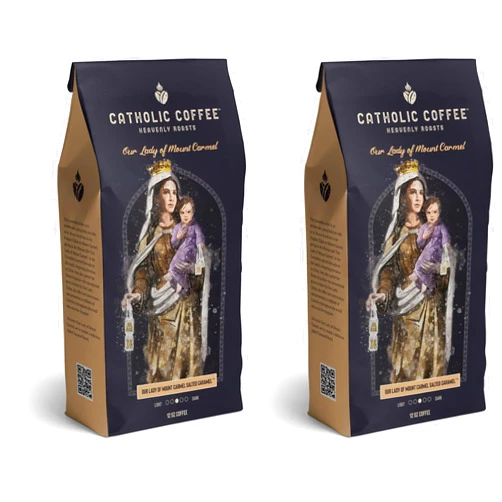 Catholic Coffee Our Lady of Mount Carmel | Medium Roast Ground Coffee – Buttery Salted Caramel Notes | 12oz Bag – Catholic Gift Honoring the Brown Scapular Devotion (Pack of 2)