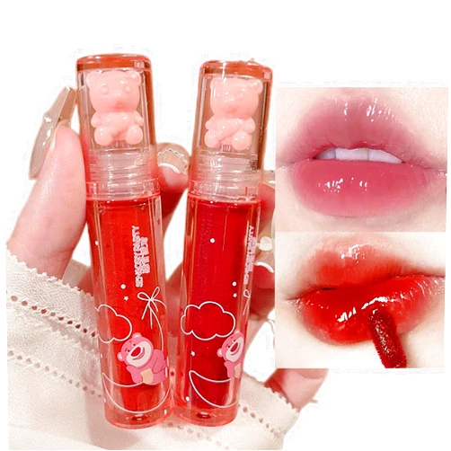 Etuanxi 2Pcs Bear Lip Glaze Jelly Lipstick,Liquid Lipstick Cute Bear Lipgloss Waterproof Long Lasting Cheek Rouge Tint Cosmetics Bear Beauty Makeup Moisturizing Lip Stain Plumping Water Lip Gloss