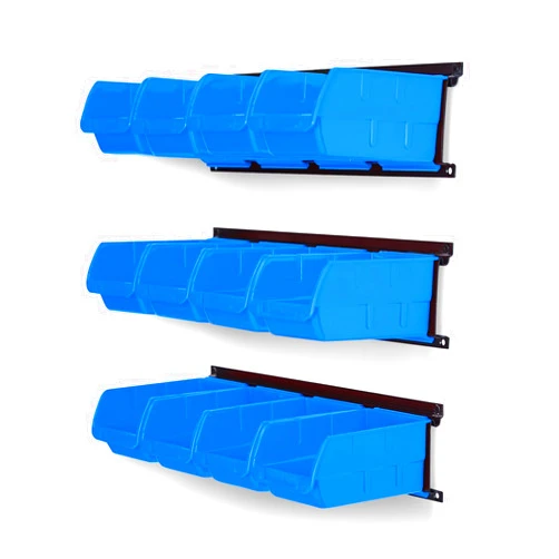Ultrawall Wall Mounted Storage Bins, Plastic Hanging Storage Organizer Bins, Garage Tool Storage System for Screws, Nuts, Bolts, Nails, and Small Hardware Parts, 12x bins & 3 x rails, Blue