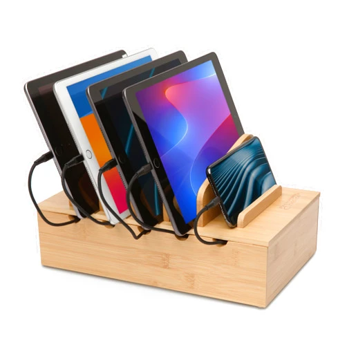 Prosumer's Choice Wooden Charging Station Organizer - 5-Port Base for Phones, Tablets and Laptops - Multi-Device Docking Station with Removable Divider Slots - Cord Box with Cable Management - Bamboo