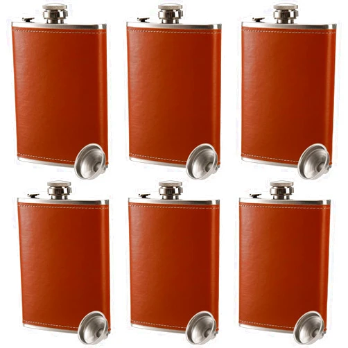 Suwimut 6 Pack Flask for Liquor and Funnel, 8 oz Leak Proof 18/8 Stainless Steel Pocket Hip Flask with Brown Leather Cover for Men Women Drinking of Alcohol, Whiskey, Rum and Vodka