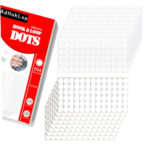 Adhoklop 1248 Pcs (624 Pairs) Thin Clear Dots with Adhesive Hook and Loop Nylon Transparent Sticky Back Glue Tapes 0.59 Inch Diameter Fastener for School Classroom Teacher Supplies (Clear)
