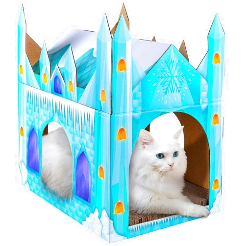 LiBa Cardboard Cat House with Scratch Pad and Catnip, Cat Bed for Indoor Cats, Cat Scratcher, Cat Scratching Board, Cat Gifts for Cats Cat Decor for Cats, Ice Castle