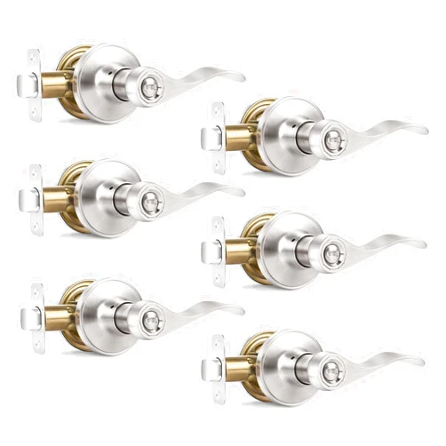 Onateel 6 Pack Privacy Door Levers Brushed Nickel Door Handles, Wave Style Reversible Keyless Door Handles, Heavy Duty Interior Door Knobs for Bedroom Bathroom Doors