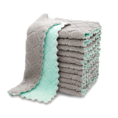 kimteny 12 Pack Kitchen Cloth Dish Towels, Premium Dishcloths, Super Absorbent Coral Velvet Dishtowels, Nonstick Oil Washable Fast Drying (Green-Grey)