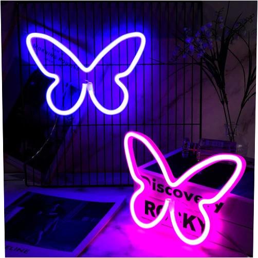 Riakrum 2 Pcs Butterfly Neon Signs LED Light 3AA Battery Powered USB Operated Wall Neon Light Decor Butterfly Wall Art for Christmas Home Bedroom Birthday Party Decor(Pink, Blue)