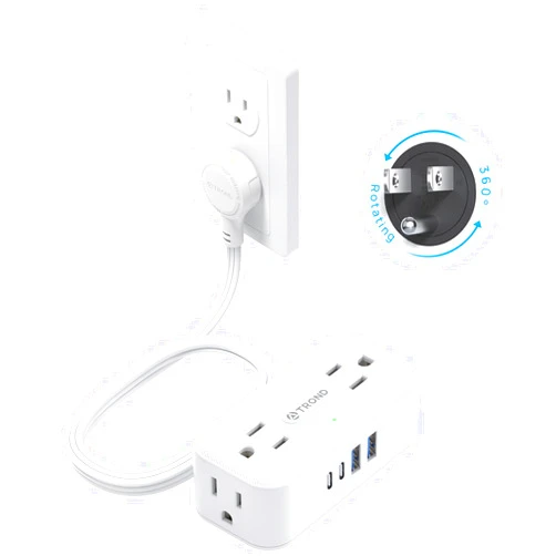 TROND 360° Rotating Flat Plug Power Strip, 5FT Extension Cord with 4 USB Ports, 4 Wide Spaced AC Outlets, Wall Mount, 900J Surge Protector for Office Travel Dorm Room Essentials, White