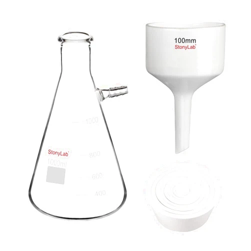stonylab Porcelain Buchner Funnel and Filter Flask Set, 100 mm Porcelain Funnel, 1L Heavy Duty Glass Filter Flask, and Filter Adapter Cones for Laboratory Filtration and Separation