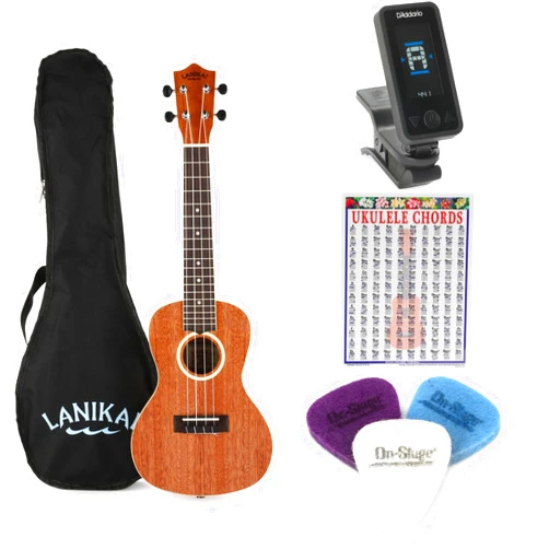 GearNuts Lanikai LU Series Concert Ukulele Essentials Bundle with Gig Bag, Tuner, Felt Picks, and Ukulele Chord Chart