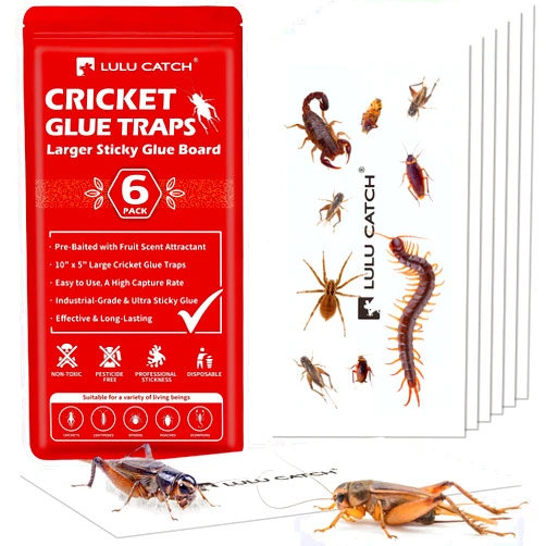 LULUCATCH Cricket Insect Glue Traps - 6 Pack Bug Cockroach Sticky Traps, Large Spider Trap with Pre-Baited Attractant, Highly Effective Glue Boards Indoor, Non-Toxic Pet Safe Pest Control