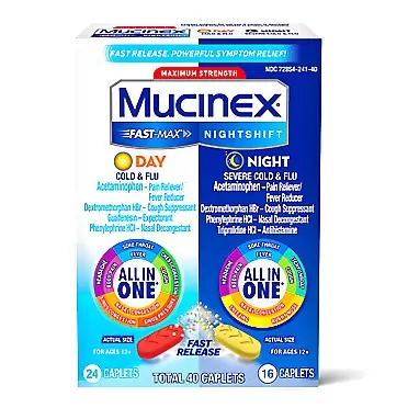 Mucinex Maximum Strength Mucinex Fast-Max Day Severe Congestion & Cough & Nightshift Night Cold & Flu, Fast Release, Powerful Multi-Symptom Relief, 40 caplets (24 Day time + 16 Night time)